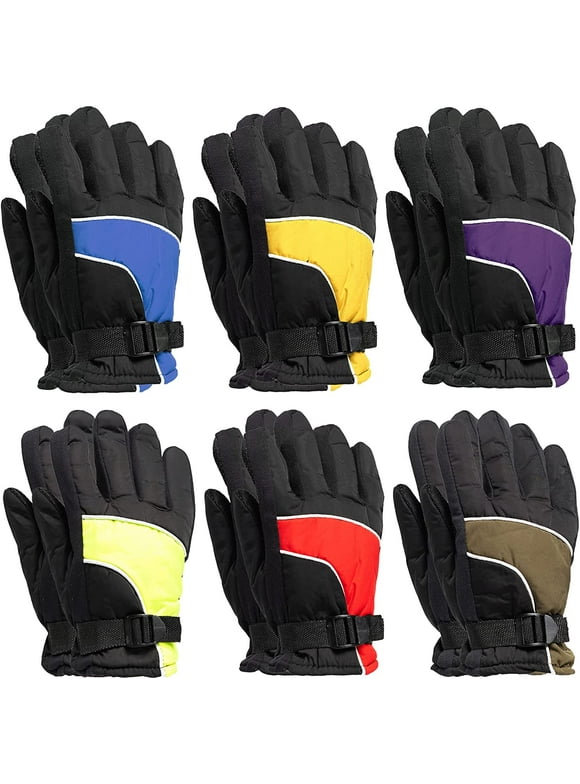 SOCKS'NBULK Kids Ski Glove, Fleece Lined Water Resistant Bulk Kids Winter Gloves (6 PACK ASSORTED)