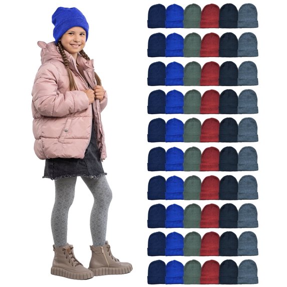 SOCKS'NBULK Kids Winter Beanie Hat Assorted Colors Bulk Pack Warm Acrylic Cap (60 Pack Assorted B)