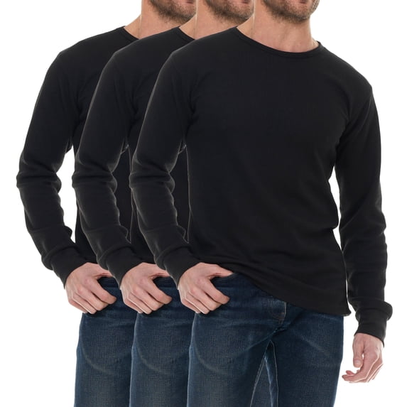 SOCKS'NBULK Men's Thermal Shirts 3-Pack – Black Cotton Base Layer Tops, Solid Color Small, Bulk Wholesale for Shelter Donations