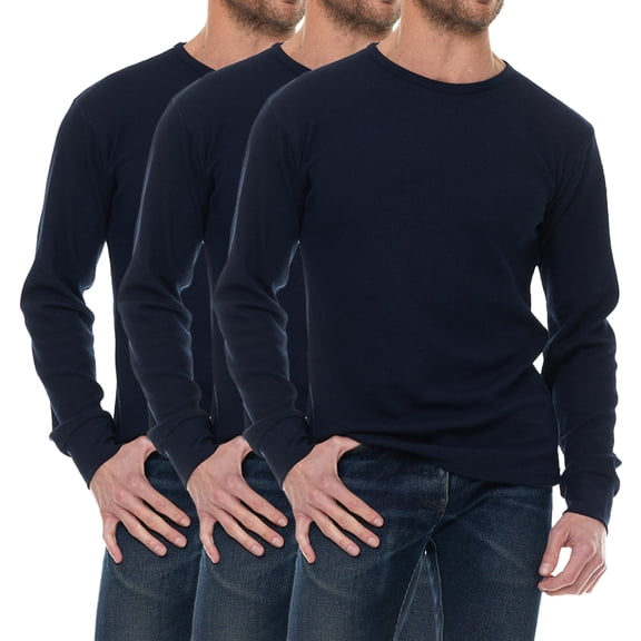 SOCKS'NBULK Men's Thermal Shirts 3-Pack – Navy Blue Cotton Base Layer Tops, Solid Color X-Large, Bulk Wholesale for Shelter Donations