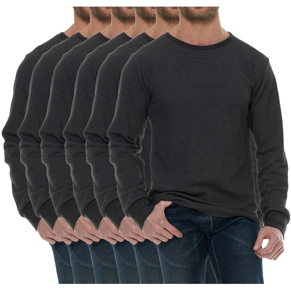 SOCKS'NBULK Men's Thermal Shirts 6-Pack – Black Cotton Base Layer Tops, Solid Color Large, Bulk Wholesale for Shelter Donations