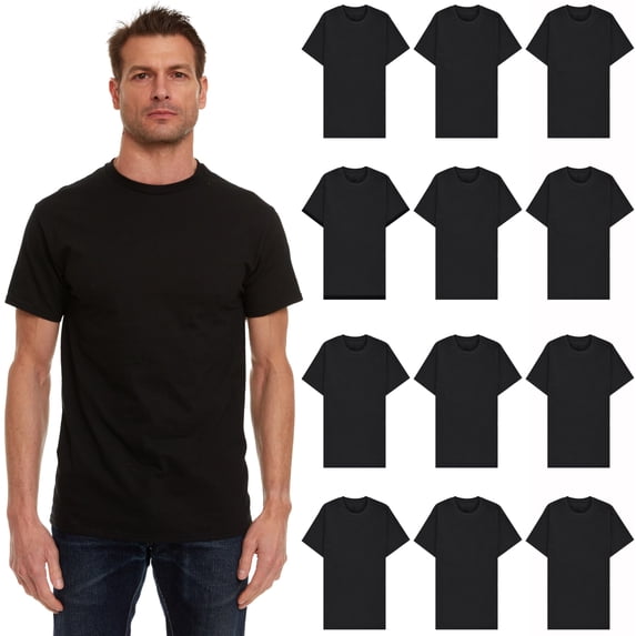 SOCKS'NBULK Mens Cotton Crew Neck Short Sleeve Casual T-Shirts Black Lightweight Bulk Pack 12 (Black, 3X-Large)