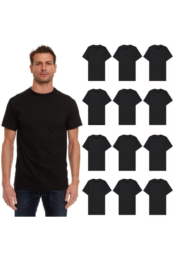 Mens Cotton Crew Neck Short Sleeve Casual T-Shirts Black Lightweight Bulk Pack 12 (Black, 5X-Large)