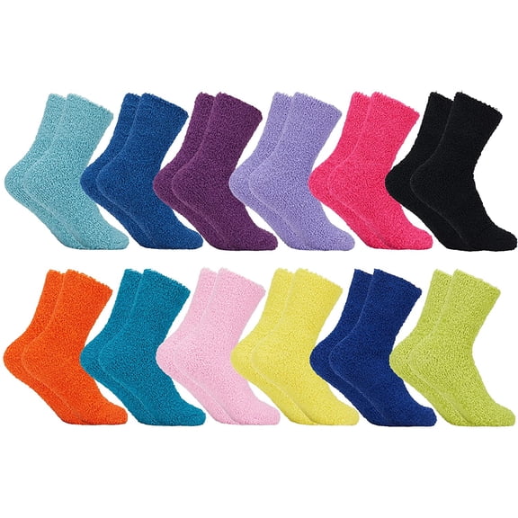 SOCKS'NBULK Mens Fuzzy Socks, Soft Warm Winter Slipper Plush Sock (12 Pairs Bright Solid)