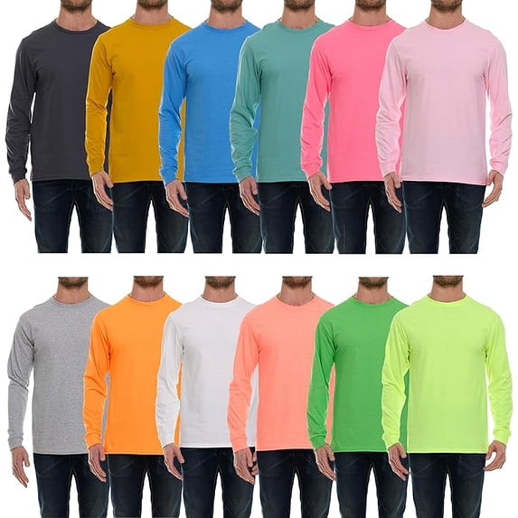 SOCKS'NBULK Mens Long Sleeve Light Colorful T-Shirts, Cotton Blend - Crew Neck Bulk Tees for Men, Wholesale Sleeved T-Shirt 12 Packs - Size Medium