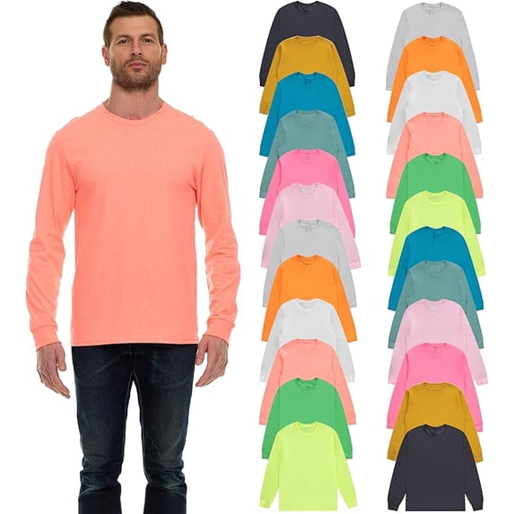 SOCKS'NBULK Mens Long Sleeve Light Colorful T-Shirts, Cotton - Crew Neck Bulk Tees for Men, Wholesale Sleeved T-Shirt 24 Packs - Size 4X-Large