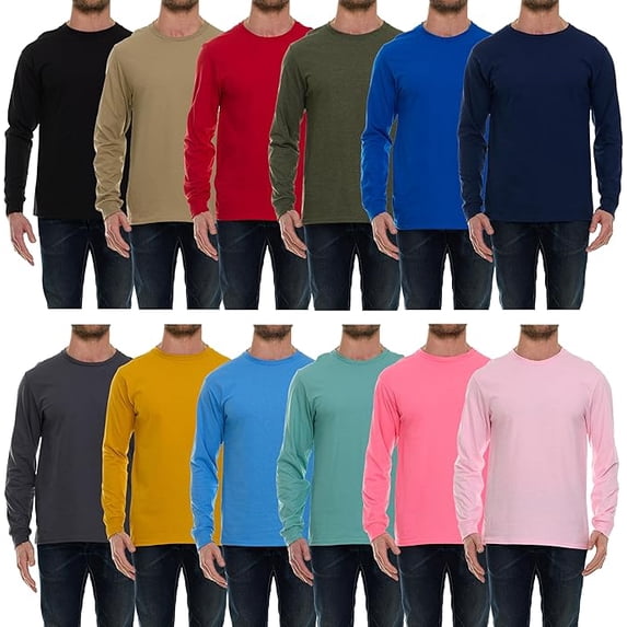 SOCKS'NBULK Mens Long Sleeve Light and Dark Colorful T-Shirts, 100% Cotton - Crew Neck Bulk Tees for Men, Wholesale Sleeved T-Shirt 12 Packs - Size 2X-Large
