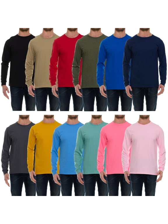 Mens Long Sleeve Light and Dark Colorful T-Shirts, Cotton - Crew Neck Bulk Tees for Men, Wholesale Sleeved T-Shirt 12 Packs - Size Medium