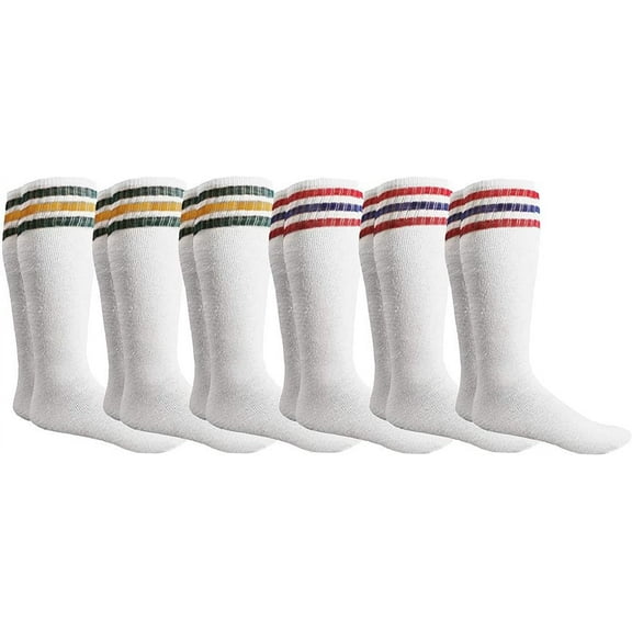 SOCKS'NBULK Mens Referee Cotton Tube Socks, Solid and Striped, Sports Sock, Casual Sock (6 Pairs White with Stripes)