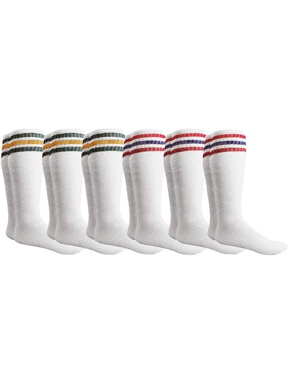 Mens Referee Cotton Tube Socks, Solid and Striped, Sports Sock, Casual Sock (6 Pairs White with Stripes)