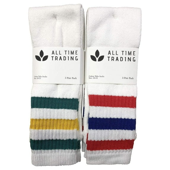 SOCKS'NBULK Mens Wholesale Cotton Tube Socks - Striped Tube Socks For Men - 10-13 - White - 12 Pack