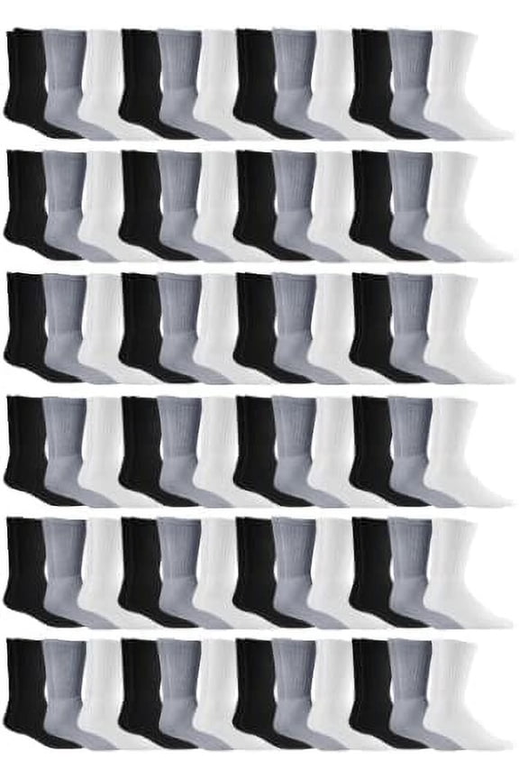 Mens & Womens Wholesale Bulk Sports Crew, Athletic Case Pack Socks (72 Pairs Mixed Assorted, Womens 9-11 (Shoe size 5-10))