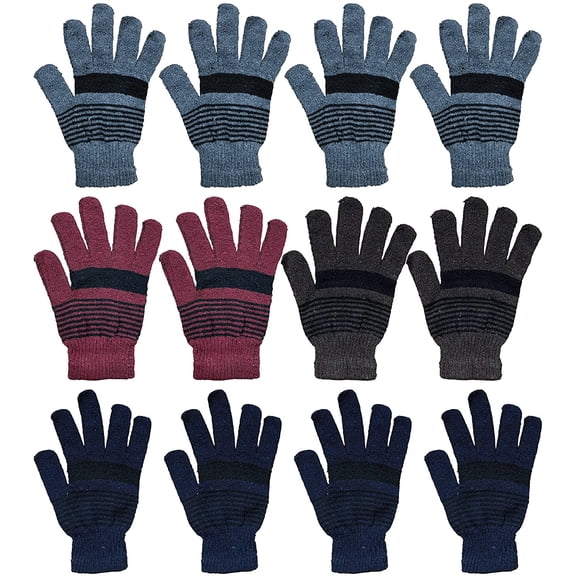 SOCKS'NBULK Wholesale Bulk Winter Magic Gloves Warm Brushed Interior, Stretchy Assorted Mens Womens (Mens / Assorted Stripes, 12)