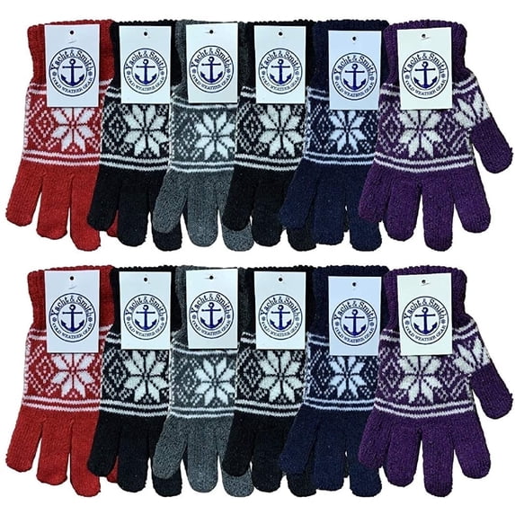 SOCKS'NBULK 12 Pairs of Wholesale Bulk Winter Magic Gloves Warm Brushed Interior, Stretchy Assorted Mens & Womens