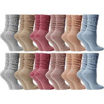 SOCKS'NBULK Womens Cotton Slouch Socks, Ladies Scrunchy Slouchy Boot Socks (12 Pairs Striped Neutral, (9-11))