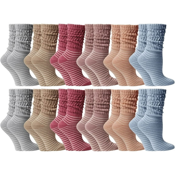SOCKS'NBULK Womens Cotton Slouch Socks, Womens Knee High Boot Socks (12 Pairs Striped Neutral, (9-11))