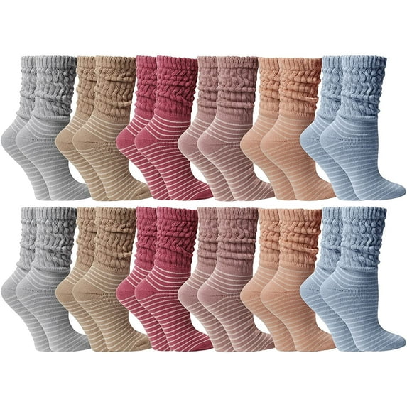 SOCKS'NBULK Womens Cotton Slouch Socks, Womens Knee High Boot Socks (12 Pairs Striped Neutral, (9-11))