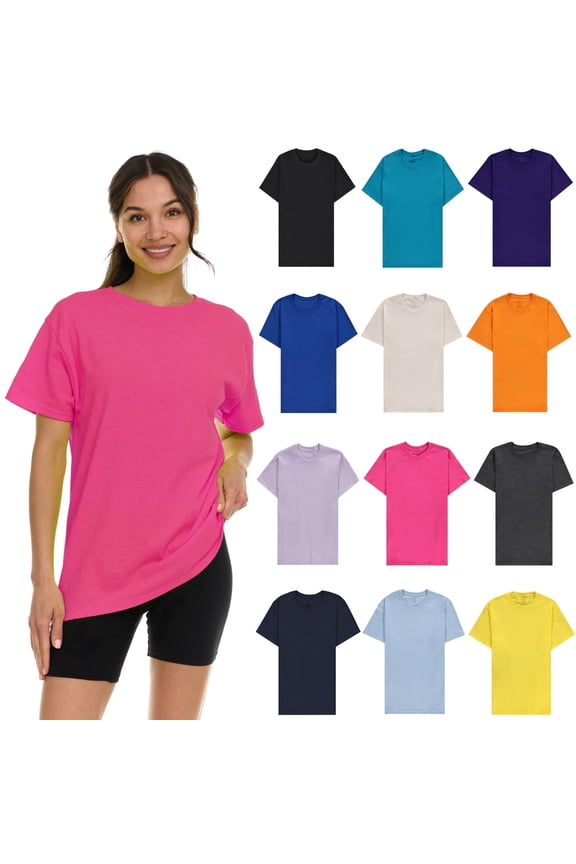 12 Pack Womens Oversized Cotton Blend T-Shirts, Crew Neck Short Sleeve Baggy Loose Tops Oversize Tees Color Assorted, Size Large