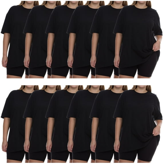 SOCKS'NBULK 12 Pack Womens Oversized Cotton Blend T-Shirts, Crew Neck Short Sleeve Baggy Loose Tops Oversize Tees Color Black, Size Small