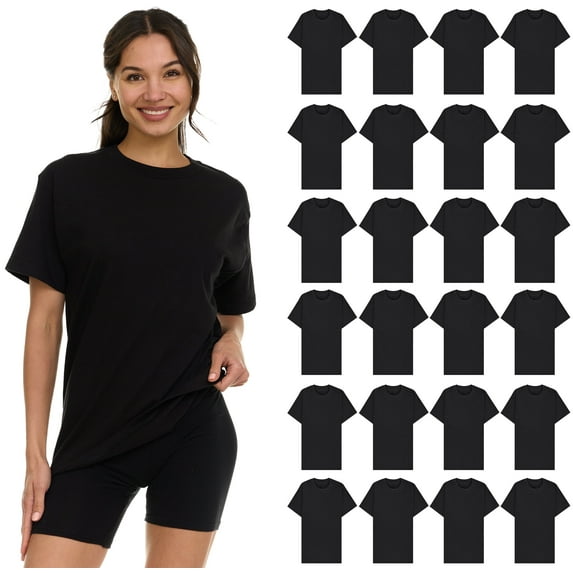 SOCKS'NBULK 24 Pack Womens Oversized Cotton Blend T-Shirts, Crew Neck Short Sleeve Baggy Loose Tops Oversize Tees Color Black, Size Large