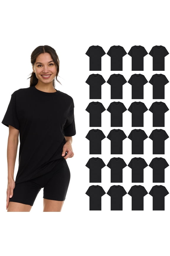 24 Pack Womens Oversized Cotton Blend T-Shirts, Crew Neck Short Sleeve Baggy Loose Tops Oversize Tees Color Black, Size Large