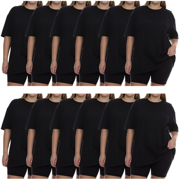 SOCKS'NBULK 12 Pack Womens Oversized Cotton Blend T-Shirts, Crew Neck Short Sleeve Baggy Loose Tops Oversize Tees Color Black, Size X-Large