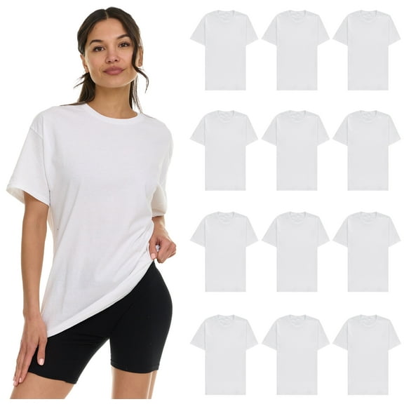 SOCKS'NBULK 12 Pack Womens Oversized Cotton Blend T-Shirts, Crew Neck Short Sleeve Baggy Loose Tops Oversize Tees Color White, Size Large