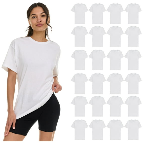SOCKS'NBULK 24 Pack Womens Oversized Cotton Blend T-Shirts, Crew Neck Short Sleeve Baggy Loose Tops Oversize Tees Color White, Size X-Large