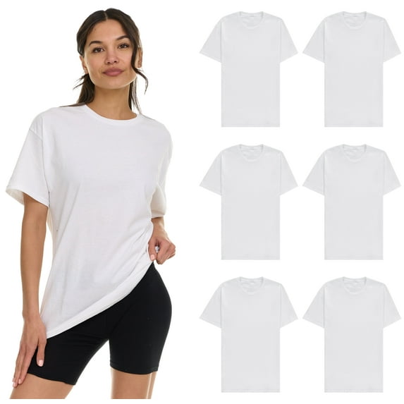 SOCKS'NBULK 6 Pack Womens Oversized Cotton Blend T-Shirts, Crew Neck Short Sleeve Baggy Loose Tops Oversize Tees Color White, Size X-Large