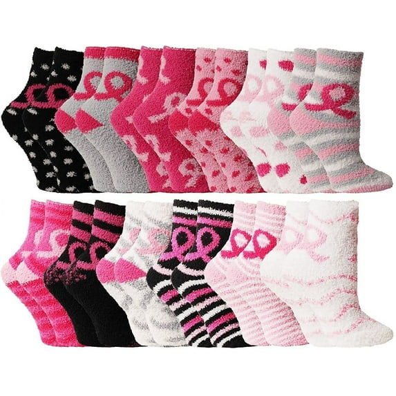 SOCKS'NBULK Womens Wholesale Bulk Warm And Cozy Fuzzy Socks, Colorful Winter Socks (12 Pairs Pink Breast Cancer Awareness)