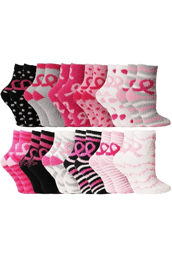 Womens Wholesale Bulk Warm And Cozy Fuzzy Socks, Colorful Winter Socks (12 Pairs Pink Breast Cancer Awareness)