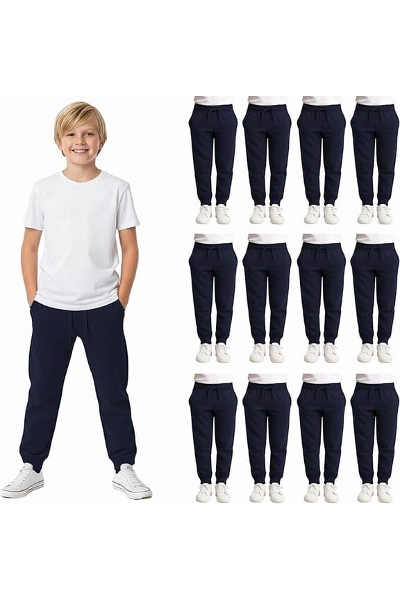SOCKSN'BULK 12 Pack of Boys Jogger Bulk Sweatpants, Black Navy Gray, Comfy Lounge Joggers for Kids (Navy Blue, Small)