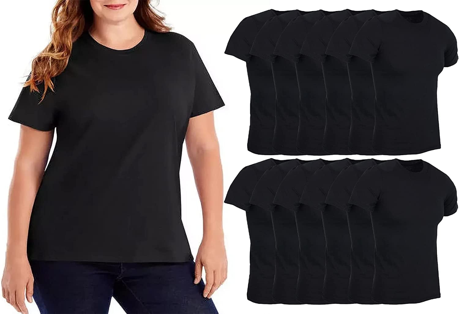 SOCKSN'BULK 12 Pack of Womens T-Shirts in Bulk, Cotton Crew Neck Scoop  Short Sleeve Tees Black Colors Bulk