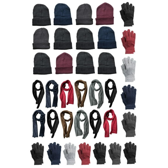 SOCKSN'BULK Winter Set - Hats Gloves Scarves, For Men & Women, Bulk Cold Weather Kits 12-Pack
