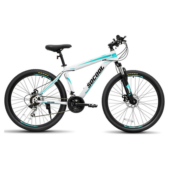 SOCOOL Mountain Bikes with 26-Inch Wheels, Aluminum Frame and Pedals, 26" Bike for Adults and Youth, Shimano Parts, 21 Speed Mountain Bicycle -White & Black & Blue, VE1023BK
