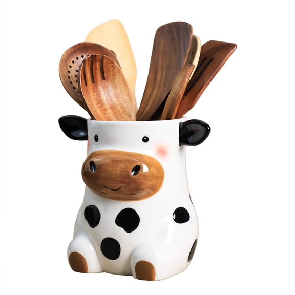 SOCOSY Ceramic Cartoon Cow Kitchen Utensil Holder For Countertop Large Cooking Utensil Crock Holder Spatula Holder, Kitchen Accessories Decoration-Cow A Y101