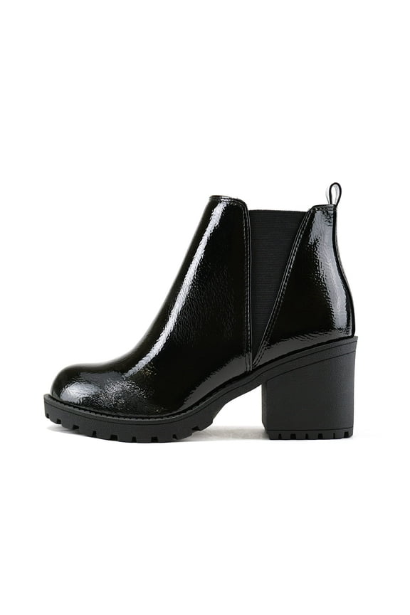 ORIGAMI ~ WOMEN LUG SOLE MID HEEL FASHION ANKLE BOOTIE W/DOUBLE ELASTIC GORE (Black Crk Patent, 8.5)