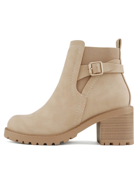Women Ankle Boots Block Heel Booties Side Zip Buckle Strap Lug Sole Round Toe Casual Fashion Shoes PUGGLE Beige Camel Nubuck 8