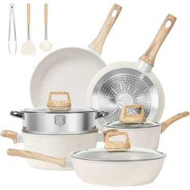 SODAY 12Pcs Pots and Pans Set Granite Cookware Non-Stick Skillet Frying Pan Kitchen Cooking Set, White