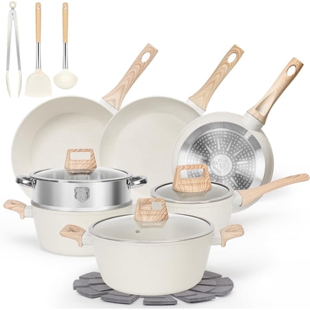 SODAY 17Pcs Granite Pots and Pans Set, Kitchen Nonstick Set with Frying Pan, Steamer, White