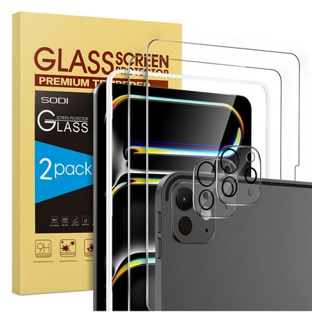 SODI 2 Pack Screen Protector For iPad Pro 11 Inch (2024) + 2 Pack Lens Protector with Installation Frame Tempered Glass - Clear