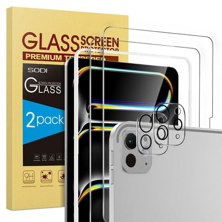 SODI 2 Pack Screen Protector for iPad Pro 13 Inch (2024) + 2 Pack Lens Protector with Installation Frame - Clear