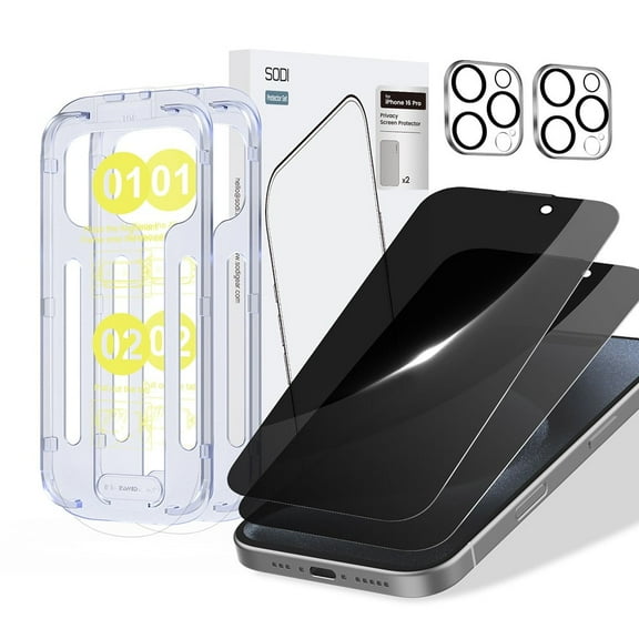 Sodi 3-in-1 for iPhone 16 Pro 360 Rotatable Magnetic Ring Stand Case with Privacy Screen Protector & Camera Lens Protector - Clear