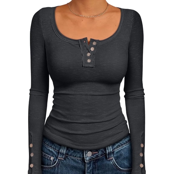 SOEMR Womens Tops Long Sleeve Shirts for Women Ribbed Henley Tops Fall Outfits for Women 2025 Grey