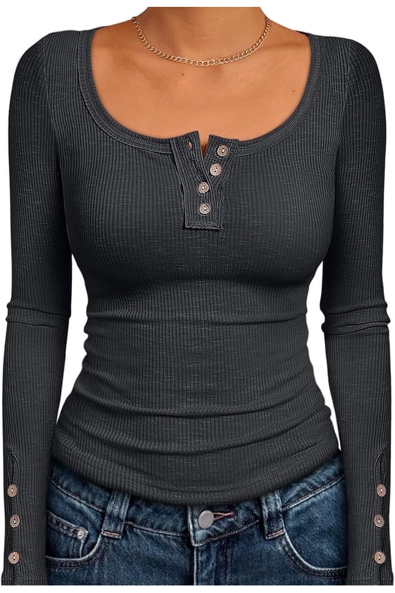 SOEMR Womens Tops Long Sleeve Shirts for Women Ribbed Henley Tops Fall Outfits for Women 2025 Grey
