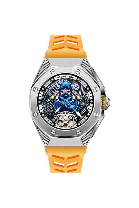 Skeleton Automatic Self-Winding Mechanical Vintage Wristwatch Men Business Wrist Watch Stainless Steel Silicone Sapphire Crystal Waterproof Clock Luminous