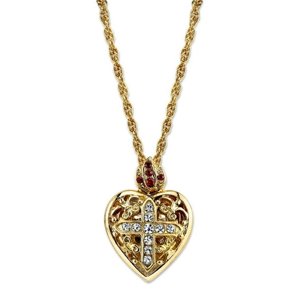 Symbols of Faith "Inspirations" 14k Gold-Dipped Crystal Heart Cross Locket Necklace, 17.5 inches