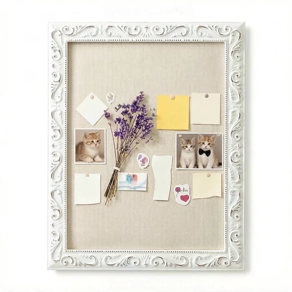 SOFE 16x13 Inches White Linen Bulletin Board with Dual Hooks - Wood Framed Wall Mount Pin Board & Memo Display Organizer for Kitchen, Office, Bedroom Decor