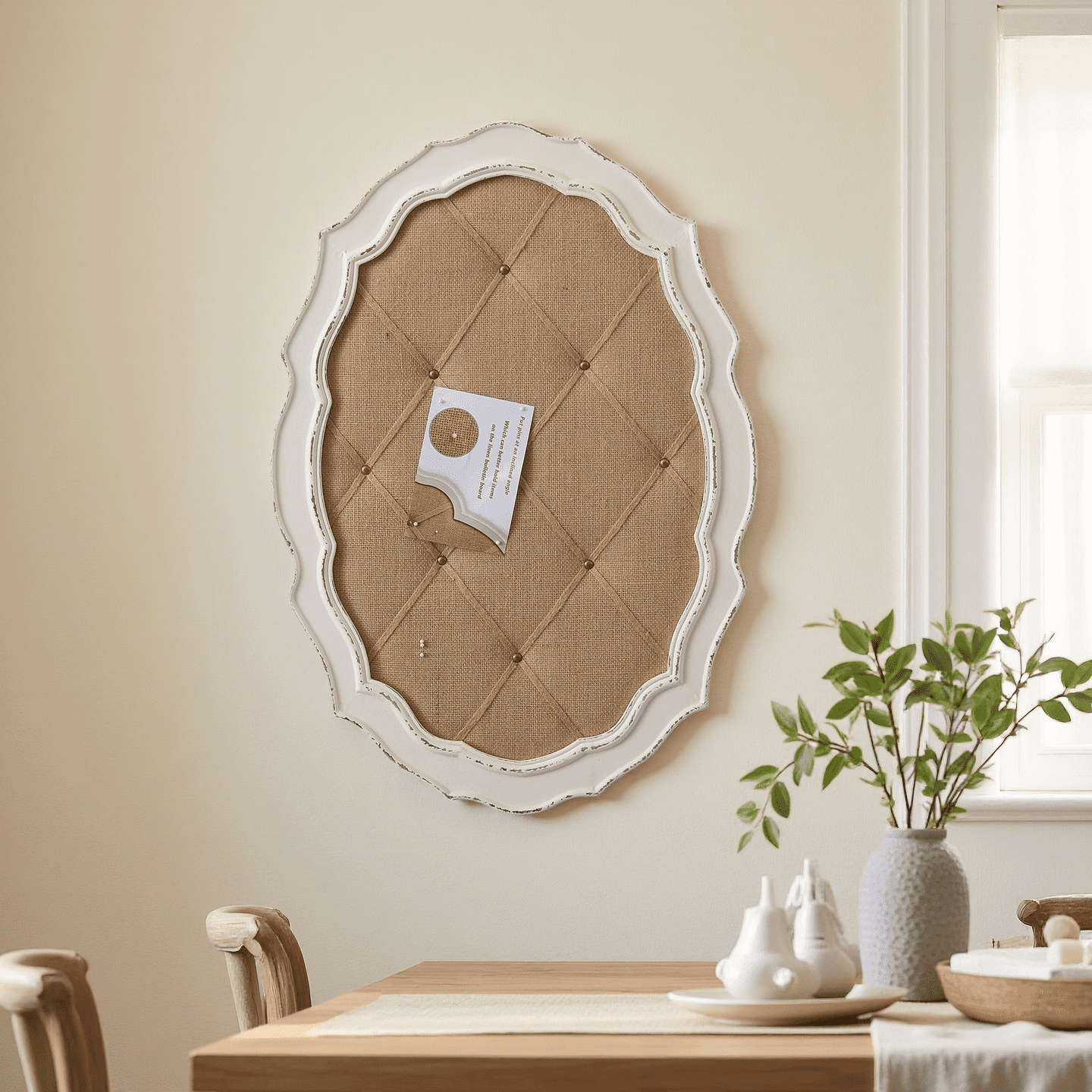 SOFE 19.7x28 Inch Oval Linen Bulletin Board for Wall - White Wood Framed Pin Board, Horizontal or Vertical Hanging Memo Display Board for Home Office, Bedroom, Living Room Decor