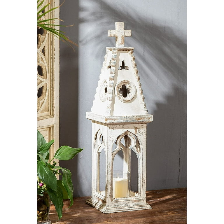 SOFE 28 Tall Wooden Lantern Decorative Rustic Vintage Church Decorative Candle Lantern Distressed White Farmhouse Hurricane Candle Holder Floor Candle Holders for Garden Indoor Outdoor Wedding Walmart...